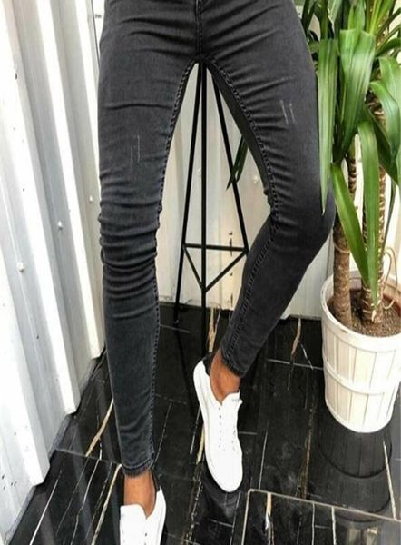 

jeans men black moto skinny stretch ripped denim pencil pants streetwear s pure color elastic 2204081650826, Blue