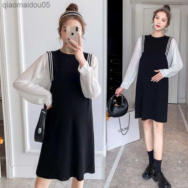 

1576# 2022 spring korean fashion patchwork maternity dress sweet lovely clothes for pregnant women pregnancy nursing feeding l230712, White