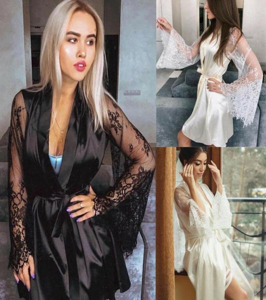 

women039s sleepwear women bride robes lingerie transparent summer kimono satin silk lace belted night wear gown3019201, Black;red
