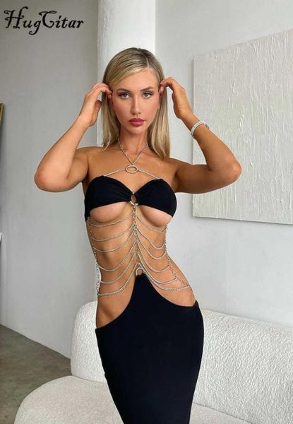 

casual dresses hugcitar pure color chain halter bandage long sleeve backless revealing slim maxi dress 2021 fall women fashion ele6071707, Black;gray