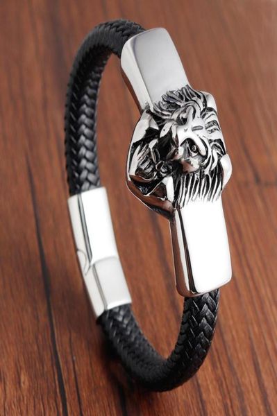 

lion leather rope men bracelet stainless steel magneticclasp cowhide braided multi layer wrap trendy armband pulsera hombre6038112, Golden;silver