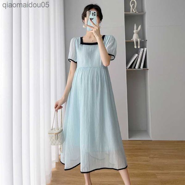 

maternity clothes french style fashion temperament long skirt women 2022 summer simple light casual new pregnancy dresses blue l230712, White