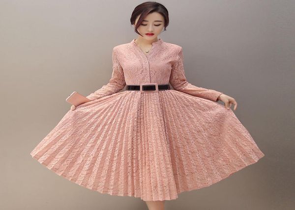

whole 2017 new spring fashion korean style cultivating long dress single breasted long sleeved lace pleated backing dresses f9147976, White;black