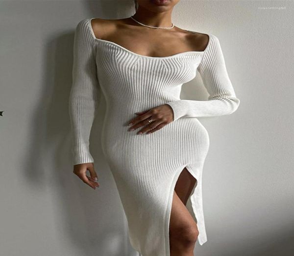 

casual dresses elegant solid knitted midi women 2022 autumn winter long sleeve side split female dress year office lady vestidos9937790, Black;gray