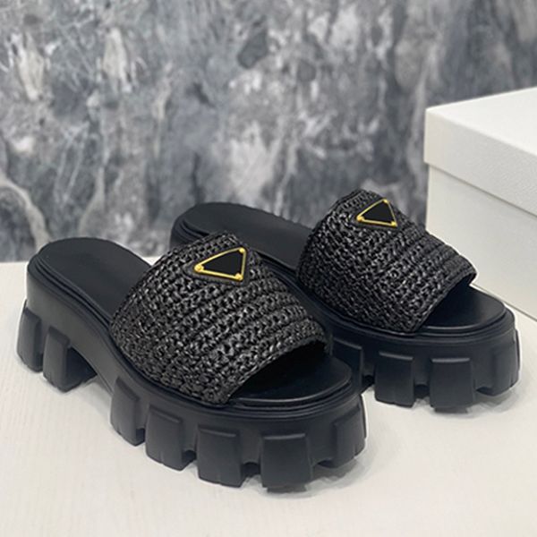 

slippers womens sandals woven comfortable shoes raffia effect yarn lafite grass enamel metal triangle thick tire bottom beach holiday slippe, Black
