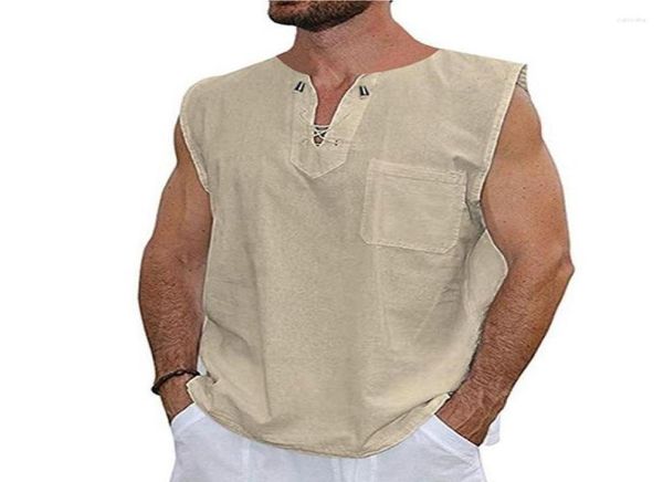 

men039s tank male summer mens cotton linen t shirt sleeveless henley casual loose tee breathable soft tshirts1915680, White;black