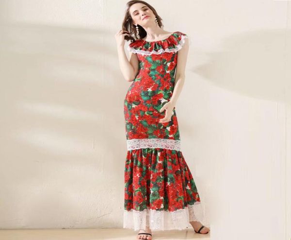 

women039s runway dresses slash neckline ruffles lace trim floral printed elegant mermaid long casual designer dresses4064700, White;black