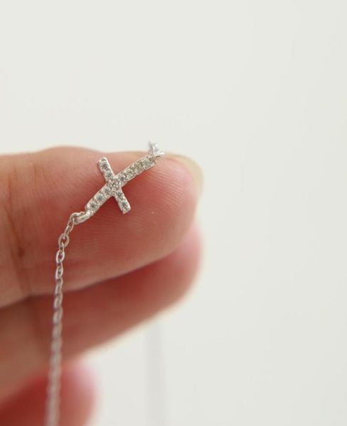 

dainty delicate tiny pave cz cross charm connector thin italy chain sideway silver necklace promotion for girl gift chains6097376