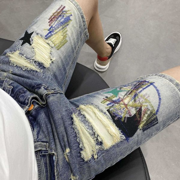 

fashion, personality, embroidery, denim shorts, men's korean version, slim slim-fit pants, summer, thin, perforated pants, men's, White;black
