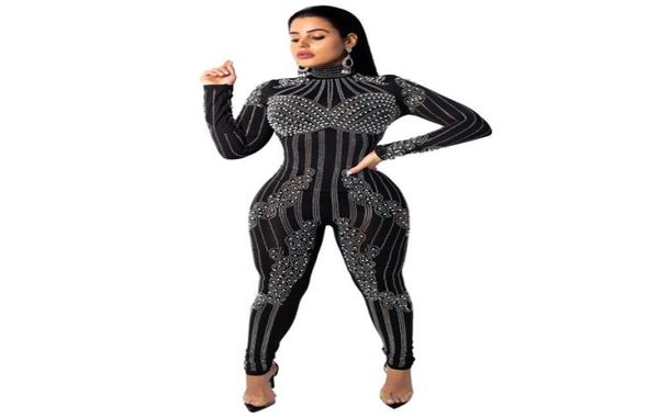 

club skinny jumpsuit beads pearl embellished sheer bodysuit stretch mesh jumpsuits 632353, Black;white