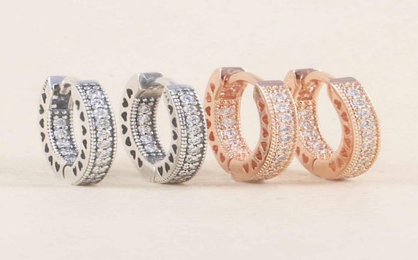 

925 sterling silver hoop style female earrings shiny cubic zirconia luxury bridal stud girl heartshaped hollow gift jewelry2177911, Golden;silver