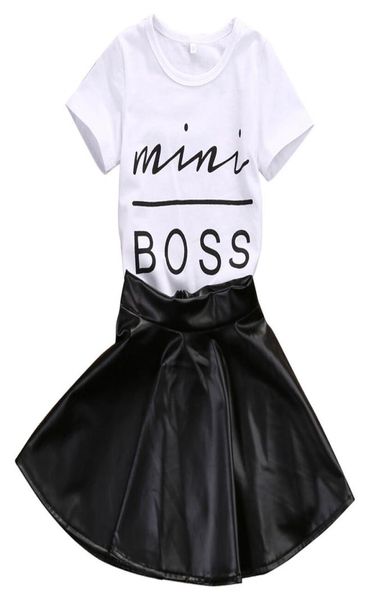 

new fashion toddler kids girl clothes set summer short sleeve mini boss tshirt leather skirt 2pcs outfit child suit2148207, White