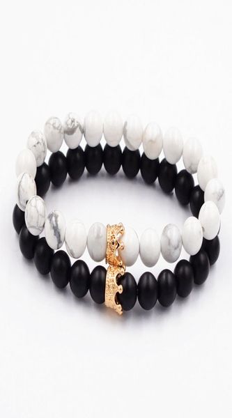

2pcsset couple bracelets for lovers crown queen charm stone beads bracelets for women and men jewellery gift6792882, Golden;silver