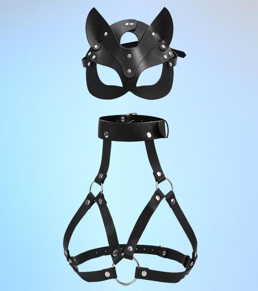 

garters women bondage body harness lingerie goth crop cage bra leather belt with mask rave wear for set5727263, Black;white