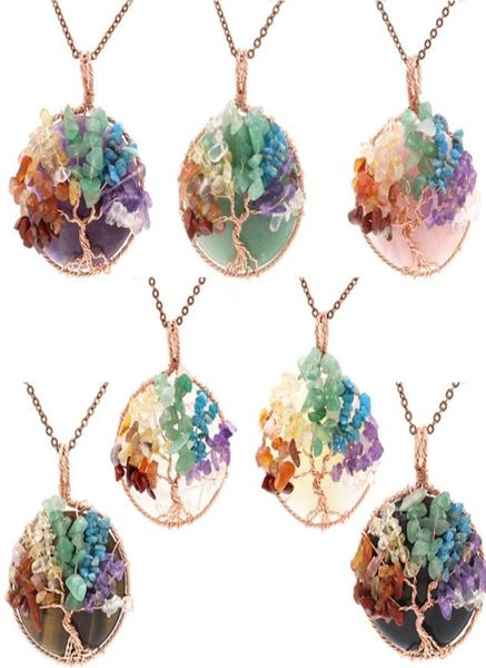 

7 chakra healing crystal natural round gemstone pendant necklace tree of life copper wire wrapped reiki jewelry for women9689618, Silver