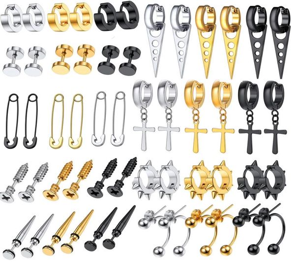 

3 pairs blacksilvergold color punk style stainless steel spike hoop earrings stud earrings for men women statement jewelry4281304, Golden;silver
