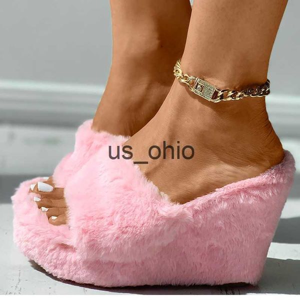 

slippers winter women fashion design slippers faux fur fluffy furry platform chunky heel outdoor slides height increasing shoes ladies j2307, Black