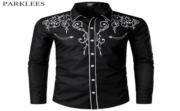 

stylish western cowboy shirt men brand design embroidery slim fit casual long sleeve shirts mens wedding party shirt for male cx202223155, White;black