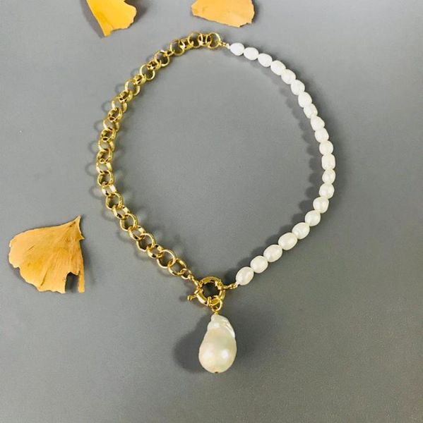 

women natural baroque pearl pendant necklace freshwater pearl punk gold color chain asymmetric design fashion long jewelry 09278180726, Silver