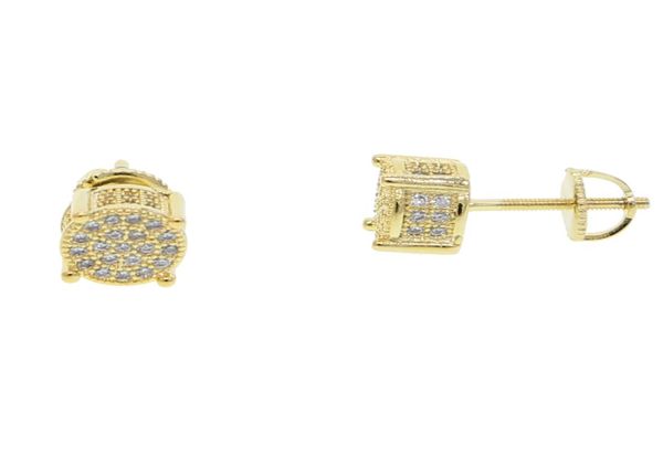 

hip hop mens gold round earring with cz mirco paved square shape iced out screw back stud earrings7962404, Golden;silver