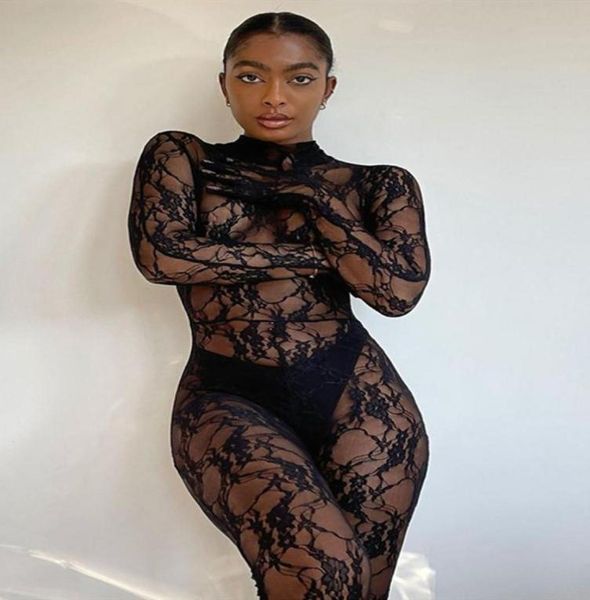 

casual dresses hirigin long sleeve with gloves lace mesh jumpsuit bodycon see through party club rompers rave festival outfit1210107, Black;gray