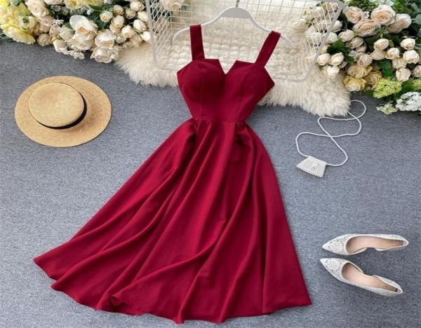 

fmfssom summer vneck open back red dres kneelength bohemian style solid strap party clothing 2205064055749, Black;gray