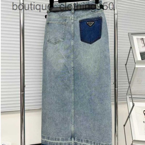 

long skirt designer women p with belt back logo denim half skirt womens high waist double layer front split pants slightly showy high qualit, Black