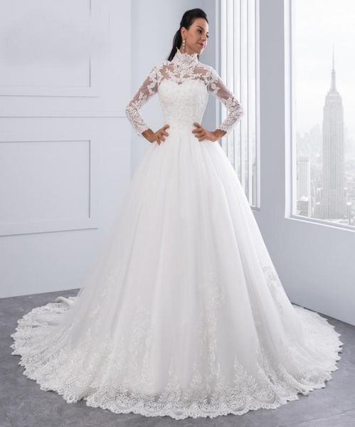 

vestido de noiva high neck iiiusion back long sleeve wedding dress lace ball gown wedding gowns robe de mariage6509744, White