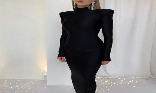 

casual dresses hugcitar solid long sleeve with shoulder pads turtleneck maxi dress year women fashion streetwear elegant skinny 224302804, Black;gray