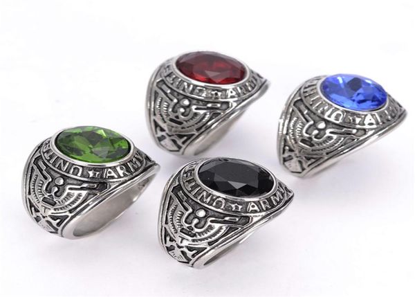 

stainless steel officers united states us army ring retro silver military usa rings jewelry with red black blue green cz stone3861995, Golden;silver
