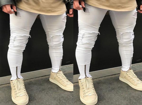 

men jeans stretch destroyed ripped design jeans hombre fashion zipper skinny for men trousers white 20205530561, Blue