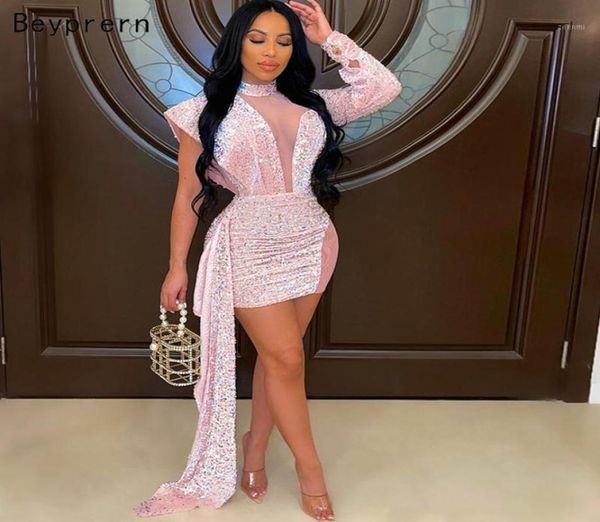 

casual dresses beyprern chic mesh patchwork long strap mini dress pink outfits glitter one sleeve ruched sequins birthday party ro7130849, Black;gray