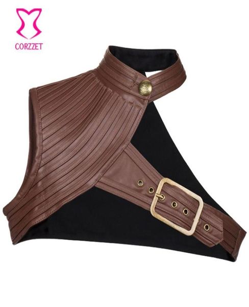 

women stand collar one shoulder sleeveless brown leather steampunk jacket women gothic coat corset costume accessories 6xl8201368, Black;white