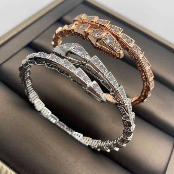 

high version bone full diamond spring for women with thick gold plated fashionable narrow snake shaped open bracelet, Golden;silver