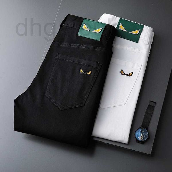 

men's jeans designer summer thin stretch slim fit small feet korean black white embroidery casual pants fashion 4ytg, Blue