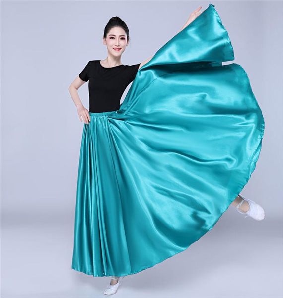 

360 degree satin skirt belly dance women gypsy long skirts dancer practice wear 15color assorted solid purple gold dance skirt1935294, Black;red