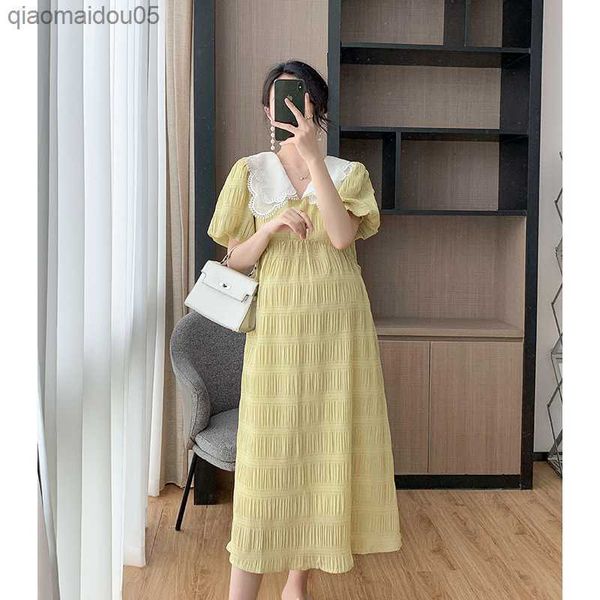 

pregnant women summer dress petal collar sweet bubble sleeve temperament high waist dress maternity gown peter pan collar casual l230712, White