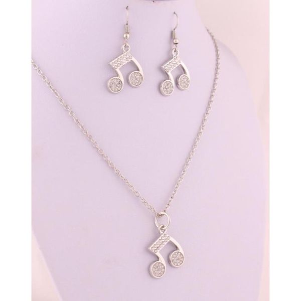 

earrings and necklace music musical note symbols studded with shiny clear crystal charm pendent jewelry set9640727, Silver