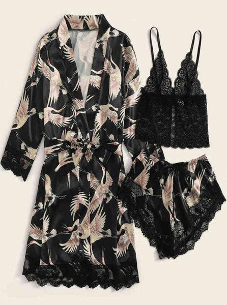

women sleepwear underwear set silk pajamas women nightdress lingerie robes three piece suit of black crane 2112027122301, Black;white