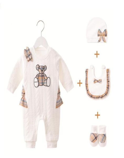 

4pcs sets newborn baby girls plaid rompershatsbibsshoes spring autumn long sleeve onesies cotton toddler jumpsuits infant cloth9235415, Blue