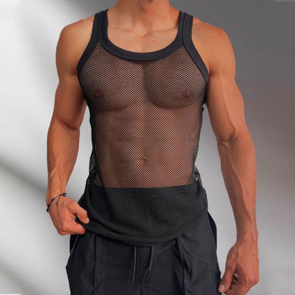 

men' tank men vest mesh undershirt gay clothing shirt see through sheer transparent sleeveless t shirts underwear 230711, White;black