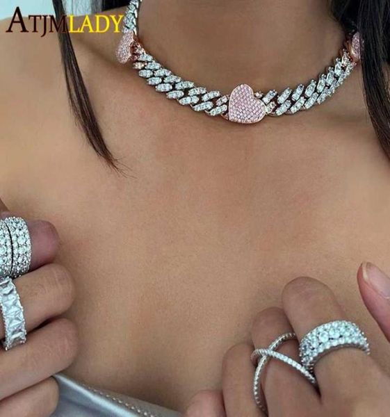 

iced out bling 5a cubic zirconia paved pink cz heart charm choker necklace women girlfriend gift 12mm cuban link chain jewelry cha3746322, Silver