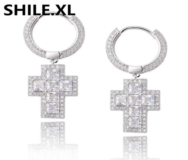 

hip hop iced out cz diamond cluster zirconia gold silver plated cross stud earrings for men hip hop jewelry7125553, Golden;silver