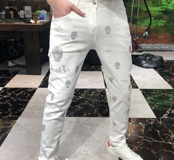 

hip hop skinny white pencil pants 2022 news streetwear slim zipper men jeans homme diamonds skull style male biker patch pant 2938924768, Blue