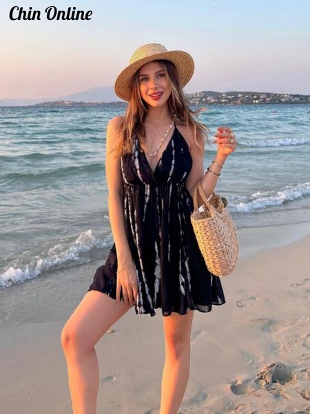 

urban dresses halter short dress panelled tie dye backless female party 2023 summer elegant vacation beach street mini lady robe 230711, White;black