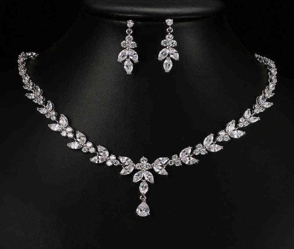 

ekopdee luxury brilliant leaf jewelry set for women zircon silver color wedding bridal necklace earrings parure bijoux 2112046071685