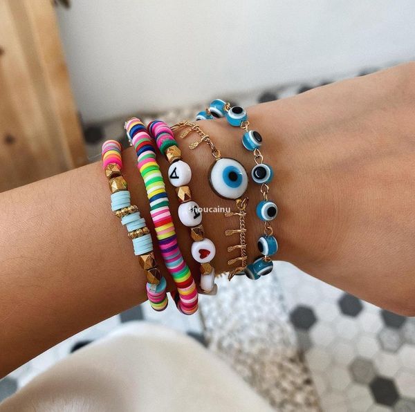 

5 pcs set vsco girl bead bracelet bohemia ethnic style hand evil eye charm bracelet female creative ceramic beads letter brace9423551, Golden;silver