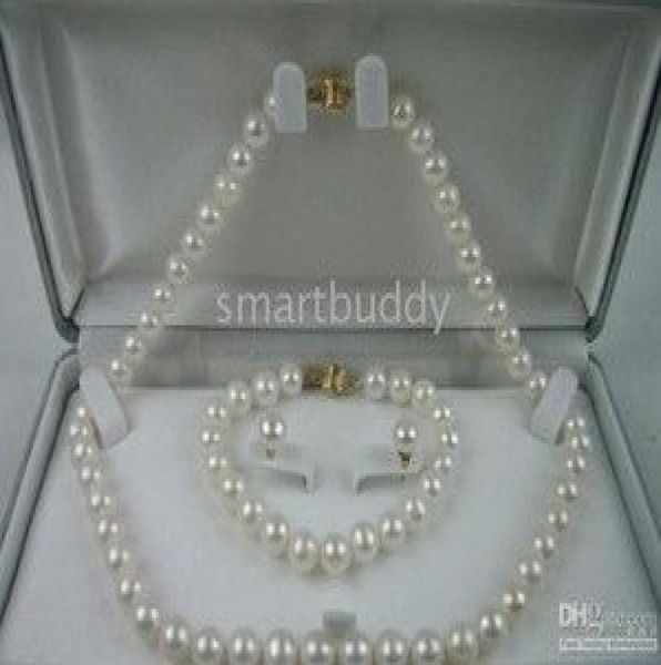 

89mm south sea white pearl necklace bracelet earrings set015428810, Black
