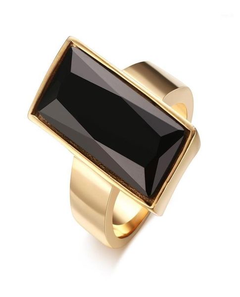 

womens rings stainless steel goldcolor rectangular black glass crystal ring for women fashion jewelry friend gift15467413, Golden;silver