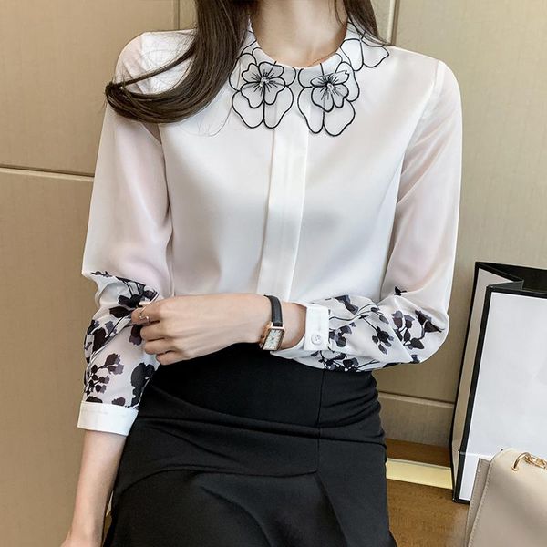 

dresses 2023 spring summer new petal collar women chiffon shirt long sleeve floral printed fashion office lady blouse, Black;gray